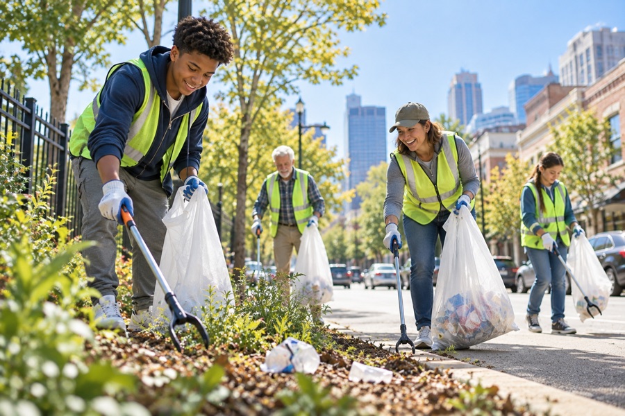 A multigenerational group of volunteers picking up litter along a city street