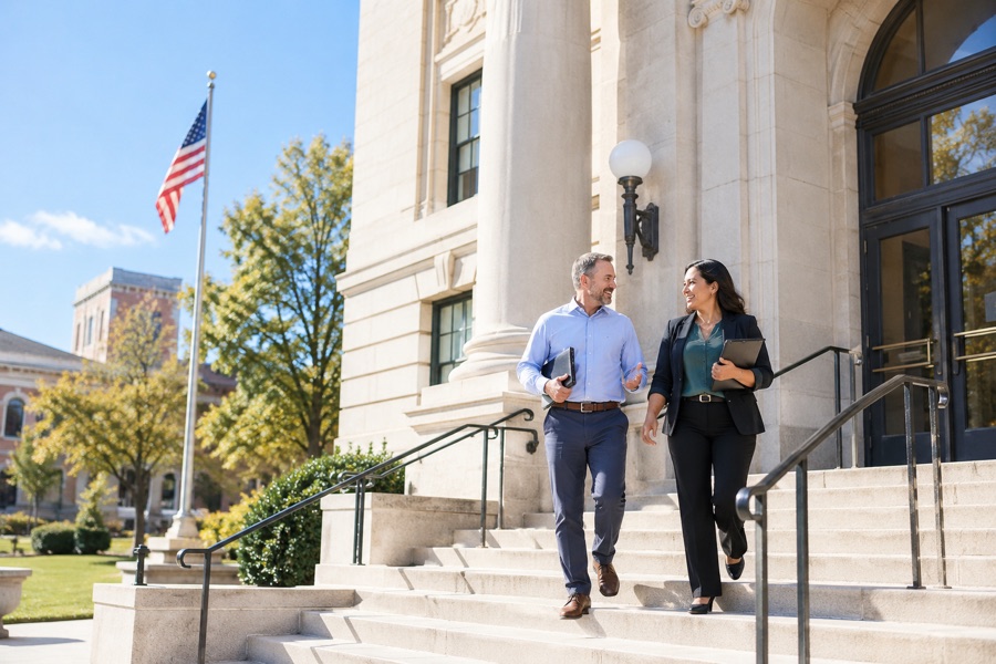 Municipal staff walking outside a city hall building