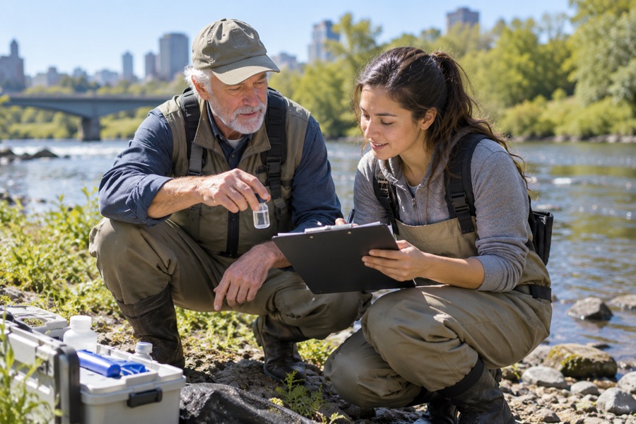 Environmental nonprofit staff testing water quality along a riverbank