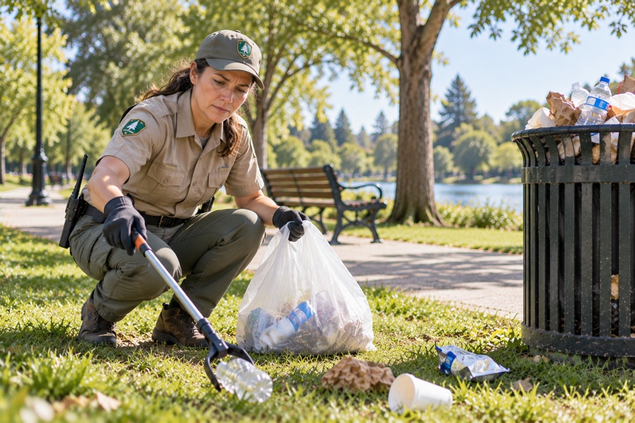 A uniformed park ranger picking up litter near an overflowing trash can in a public park